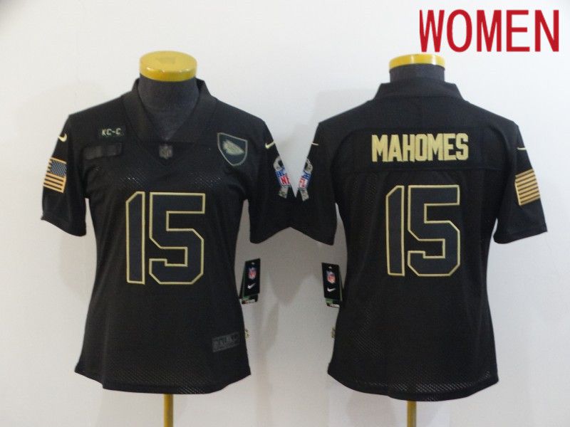 Women Kansas City Chiefs 15 Mahomes Black Retro Gold Lettering 2020 Nike NFL Jersey